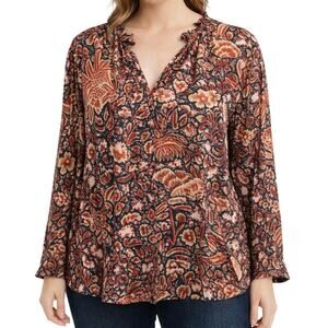 Anthropologie Burnt Orange and Navy Floral Paisley Ruffle-Trim Blouse